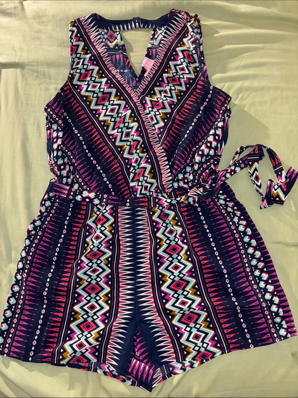 BeBop Navy Multicolor Aztec Wrap-Front Bodysuit Romper